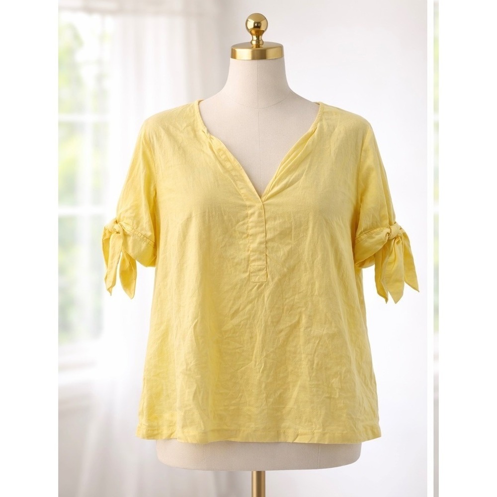 Charter Club 100% Linen Top Yellow Breathable Popover Tie Sleeve Split Neck‎ XXL